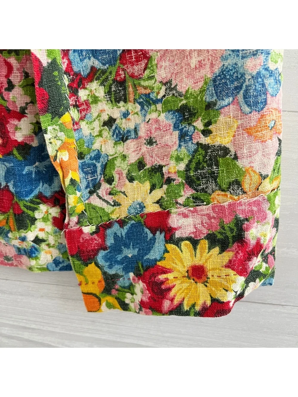 Vintage Bright Floral Linen Blend Fabric 1 Yard Curtain Panel Craft Upholstery